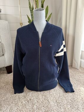 Tommy Hilfiger Navy Zip Front Bomber with Cream Stripe